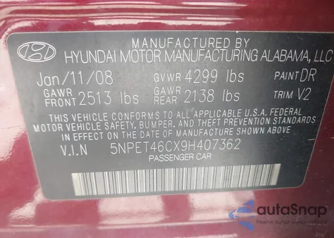 2009 Hyundai Sonata Gls из США, поврежденный, VIN 5NPET46CX9H407362